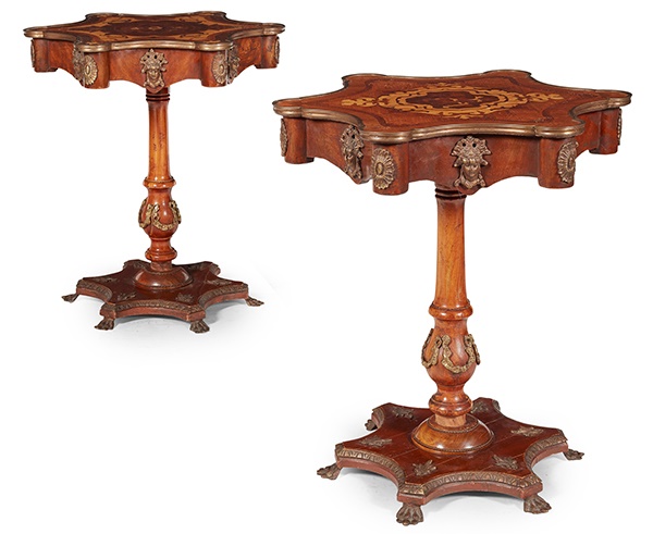 LOT 17 | PAIR OF CONTINENTAL KINGWOOD, MARQUETRY, BRASS MOUNTED OCCASIONAL TABLES